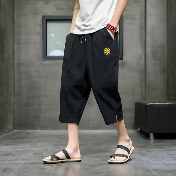 Buddha Stones Sommer Herren Cropped Hose mit Kordelzug und Taschen - Schwarz - US/ UK/AU44, EU54 (5XL) - image 9