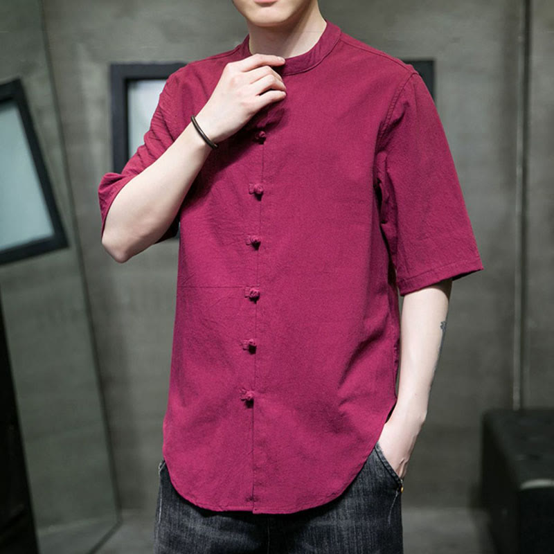 Buddha Stones einfarbiges Herren-Halbarm-Baumwollhemd - image 14