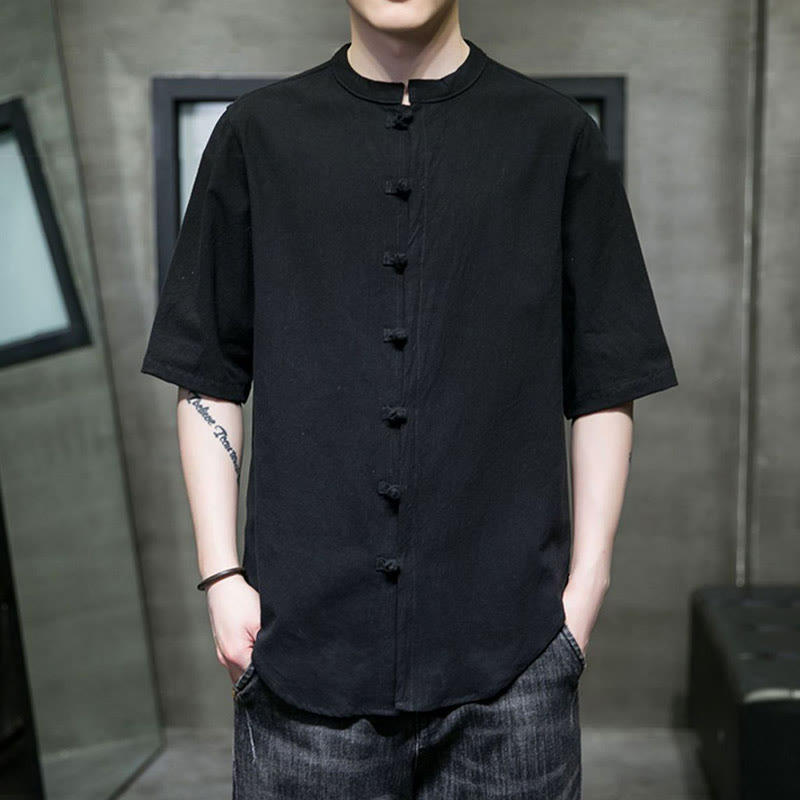 Buddha Stones einfarbiges Herren-Halbarm-Baumwollhemd - Schwarz - US/ UK/AU46, EU56 (5XL)  - image 16