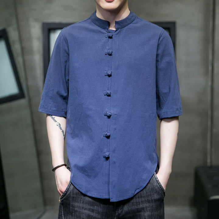 Buddha Stones einfarbiges Herren-Halbarm-Baumwollhemd - SteelBlue - US/ UK/AU46, EU56 (5XL)  - image 22