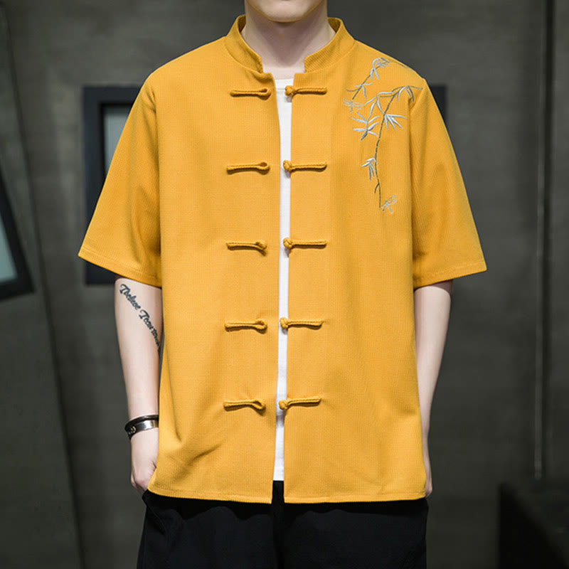 Buddha Stones Frosch-Knopf Blatt Libelle Stickerei Herren Kurzarmhemd - Gold - US/ UK/AU46, EU56 (5XL)  - image 6