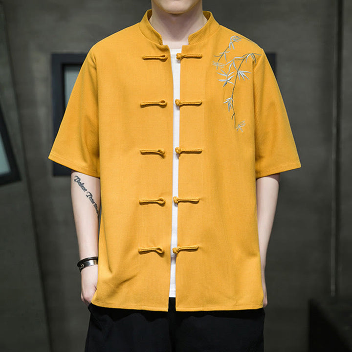 Buddha Stones Frosch-Knopf Blatt Libelle Stickerei Herren Kurzarmhemd - Gold - US/ UK/AU46, EU56 (5XL)  - image 6