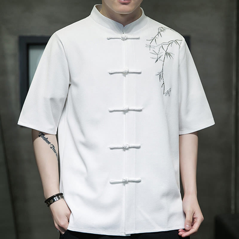 Buddha Stones Frosch-Knopf Blatt Libelle Stickerei Herren Kurzarmhemd - image 1