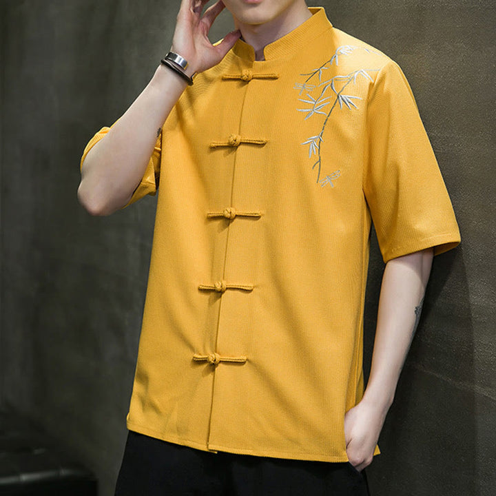 Buddha Stones Frosch-Knopf Blatt Libelle Stickerei Herren Kurzarmhemd - image 13