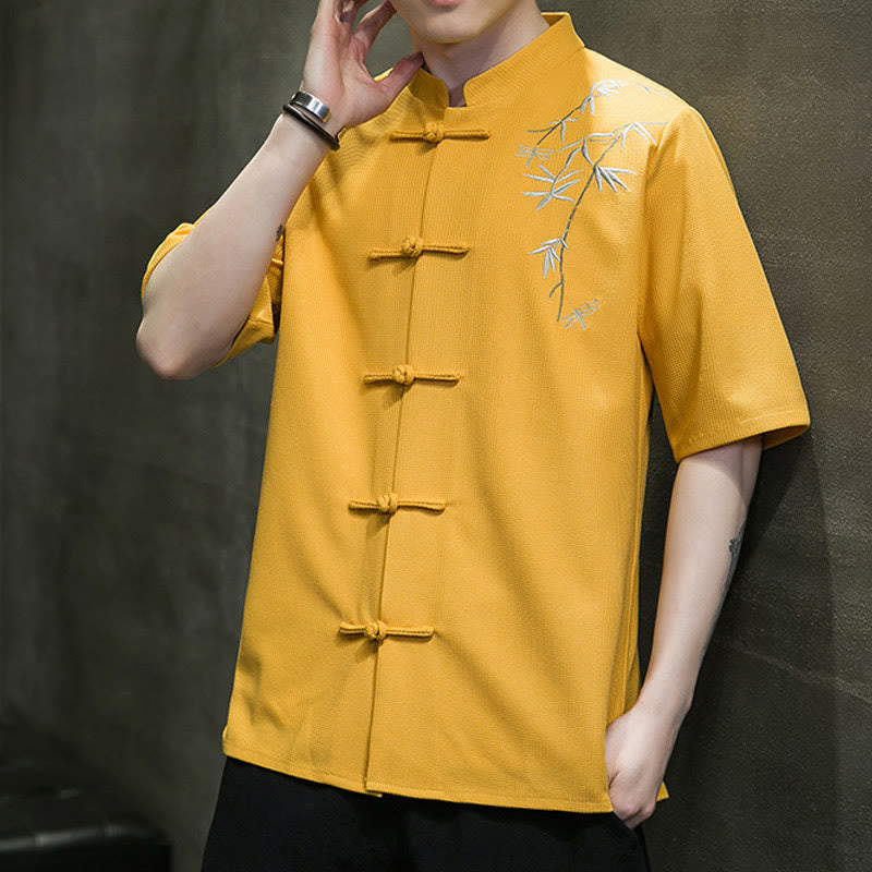 Buddha Stones Frosch-Knopf Blatt Libelle Stickerei Herren Kurzarmhemd - image 13