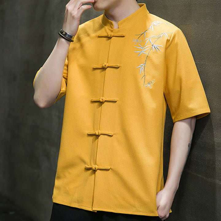 Buddha Stones Frosch-Knopf Blatt Libelle Stickerei Herren Kurzarmhemd - image 9
