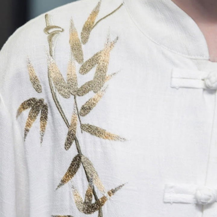 Buddha Stones Chinesischer Froschknopf-Tang-Anzug Bambusblätter Langarmhemd Baumwoll-Leinen Herrenjacke - image 4