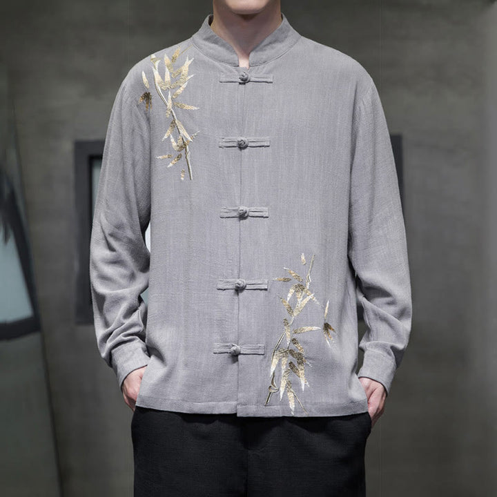 Buddha Stones Chinesischer Froschknopf-Tang-Anzug Bambusblätter Langarmhemd Baumwoll-Leinen Herrenjacke - Hellgrau - US/ UK/AU46, EU56 (5XL)  - image 11