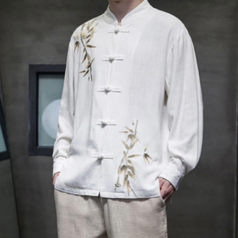 Buddha Stones Chinesischer Froschknopf-Tang-Anzug Bambusblätter Langarmhemd Baumwoll-Leinen Herrenjacke - image 1