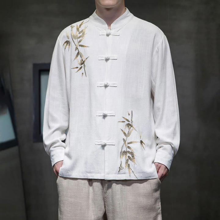 Buddha Stones Chinesischer Froschknopf-Tang-Anzug Bambusblätter Langarmhemd Baumwoll-Leinen Herrenjacke - Weiß - US/ UK/AU46, EU56 (5XL)  - image 0