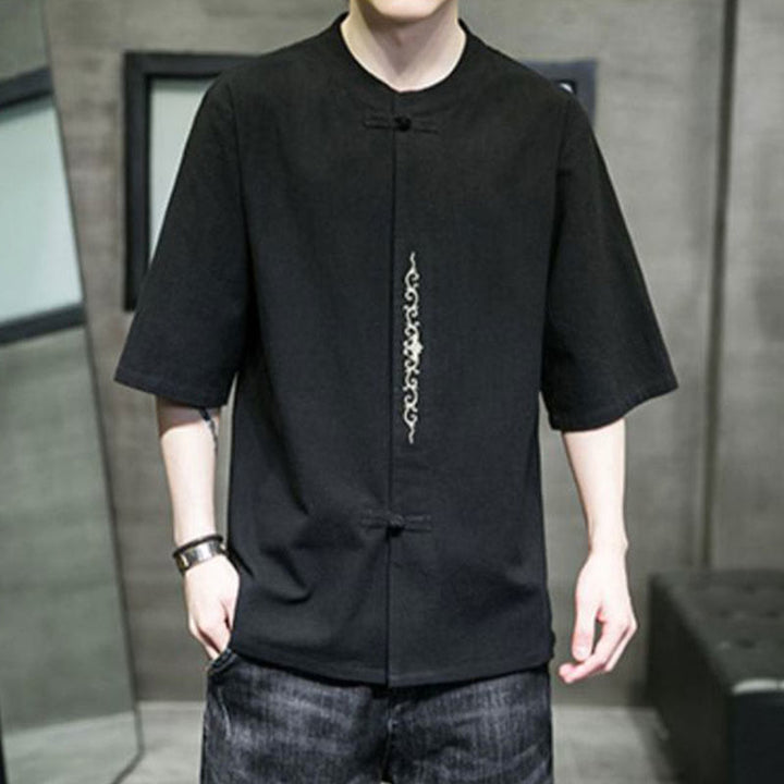 Buddha Stones Einfarbiges Hemd mit Froschknopfstickerei für Herren, Halbarm, Baumwolle - image 13