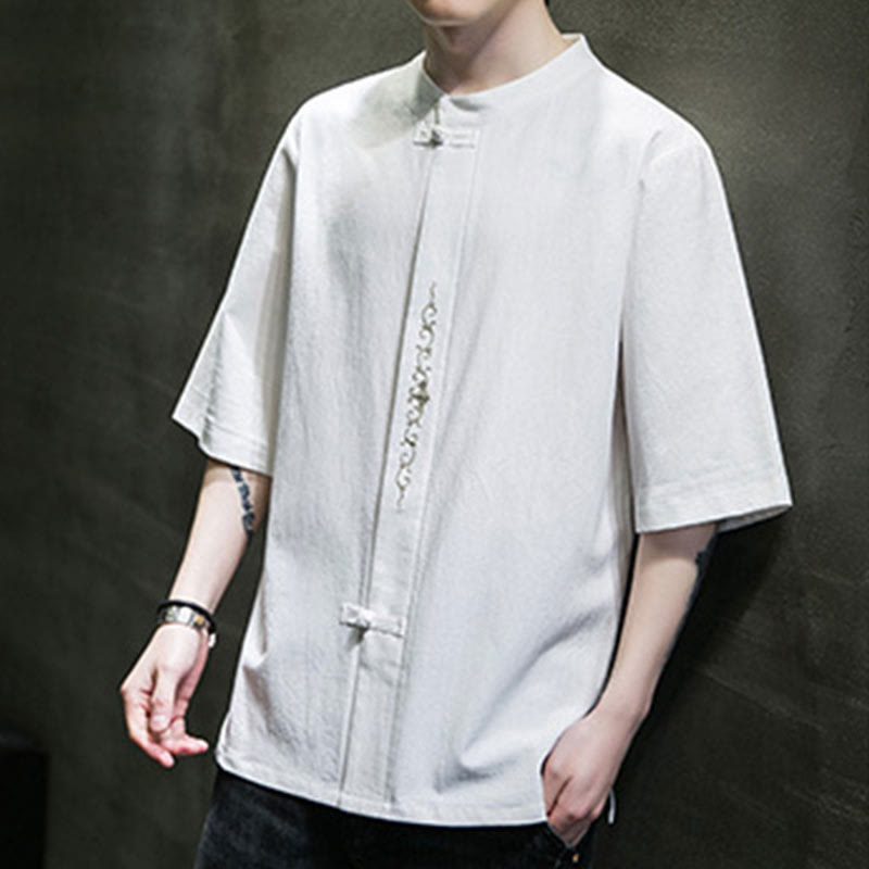 Buddha Stones Einfarbiges Hemd mit Froschknopfstickerei für Herren, Halbarm, Baumwolle - image 20