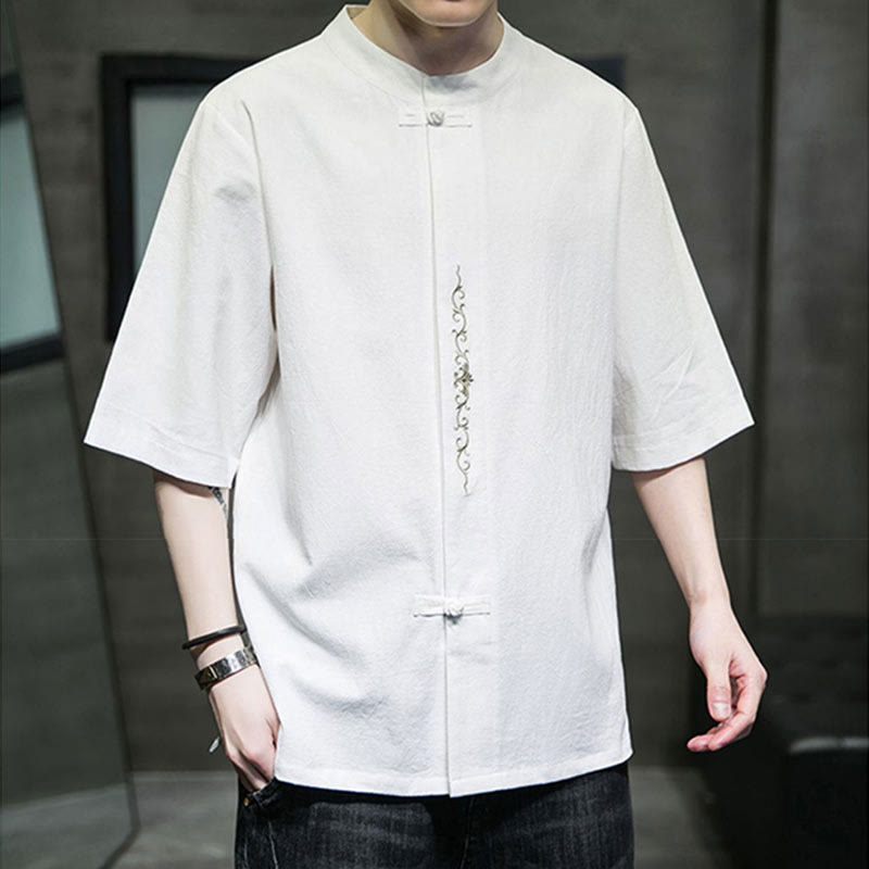 Buddha Stones Einfarbiges Hemd mit Froschknopfstickerei für Herren, Halbarm, Baumwolle - image 19