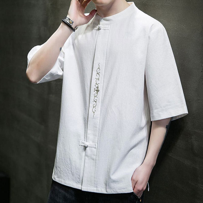 Buddha Stones Einfarbiges Hemd mit Froschknopfstickerei für Herren, Halbarm, Baumwolle - image 21