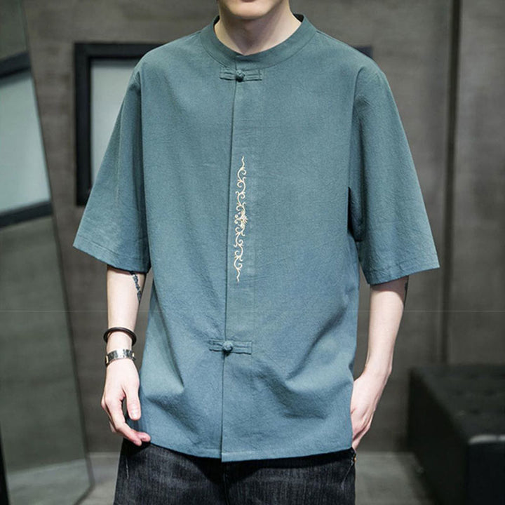 Buddha Stones Einfarbiges Hemd mit Froschknopfstickerei für Herren, Halbarm, Baumwolle - image 6