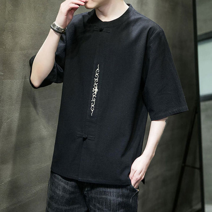 Buddha Stones Einfarbiges Hemd mit Froschknopfstickerei für Herren, Halbarm, Baumwolle - image 11