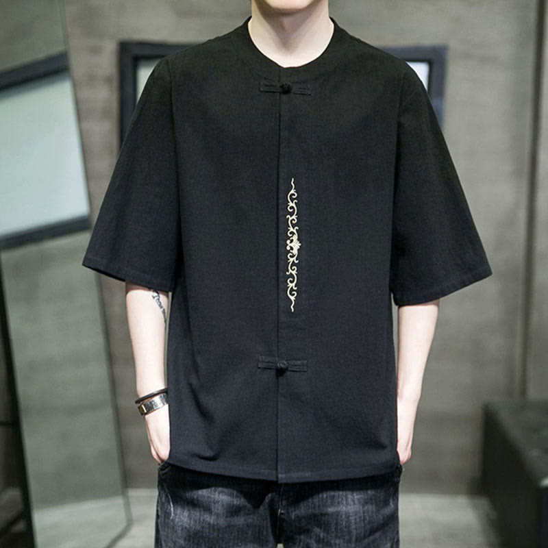 Buddha Stones Einfarbiges Hemd mit Froschknopfstickerei für Herren, Halbarm, Baumwolle - Schwarz - US/ UK/AU46, EU56 (5XL) - image 8