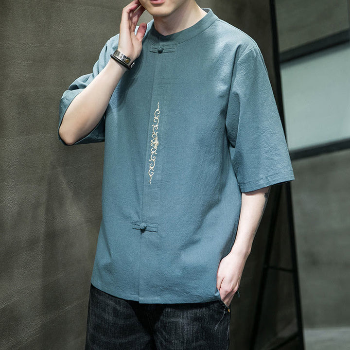 Buddha Stones Einfarbiges Hemd mit Froschknopfstickerei für Herren, Halbarm, Baumwolle - image 4