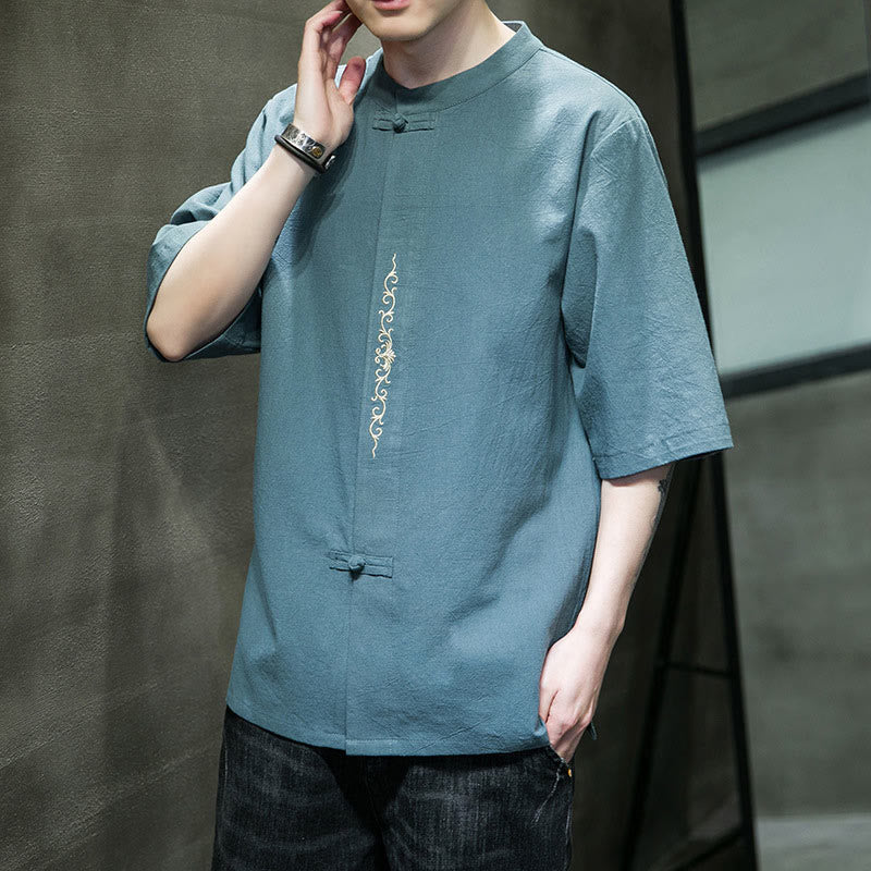 Buddha Stones Einfarbiges Hemd mit Froschknopfstickerei für Herren, Halbarm, Baumwolle - image 4