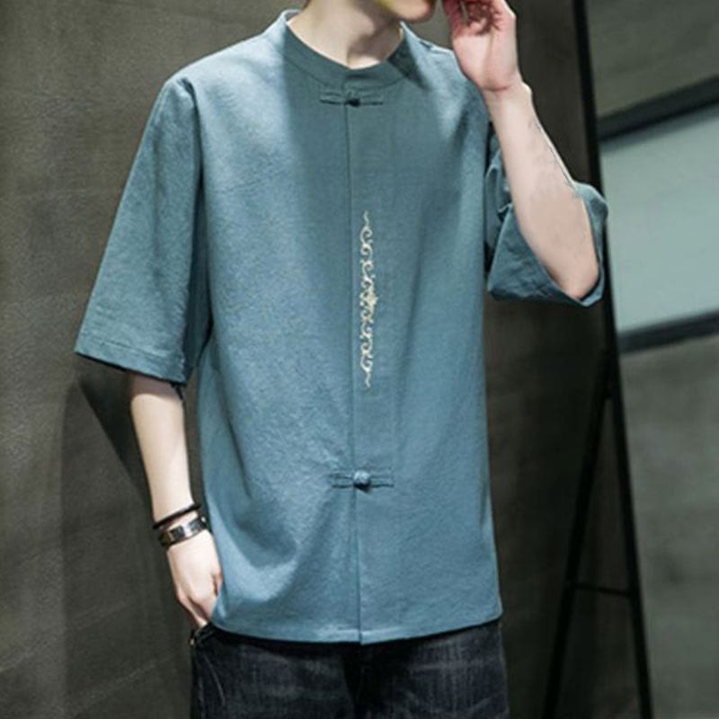 Buddha Stones Einfarbiges Hemd mit Froschknopfstickerei für Herren, Halbarm, Baumwolle - image 1