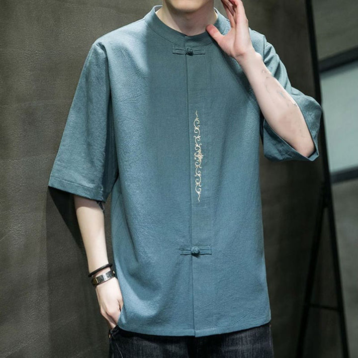 Buddha Stones Einfarbiges Hemd mit Froschknopfstickerei für Herren, Halbarm, Baumwolle - image 5