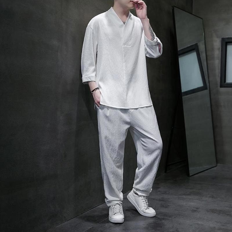 Buddha Stones Unifarbener V-Ausschnitt Dreiviertelarm Shirt Freizeit Hose Bekleidung Herren Set - image 1