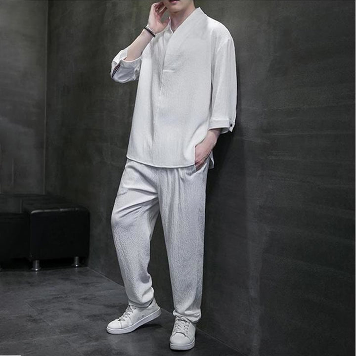 Buddha Stones Unifarbener V-Ausschnitt Dreiviertelarm Shirt Freizeit Hose Bekleidung Herren Set - image 3