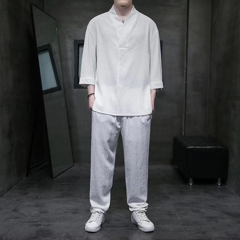 Buddha Stones Unifarbener V-Ausschnitt Dreiviertelarm Shirt Freizeit Hose Bekleidung Herren Set - Weiß - US/ UK/AU44, EU54 (4XL) - image 0