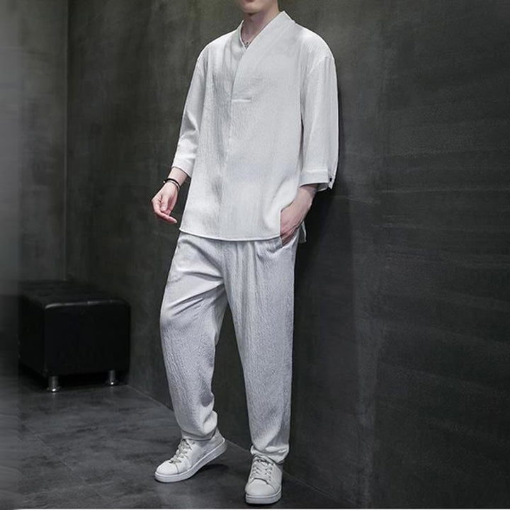 Buddha Stones Unifarbener V-Ausschnitt Dreiviertelarm Shirt Freizeit Hose Bekleidung Herren Set - image 6