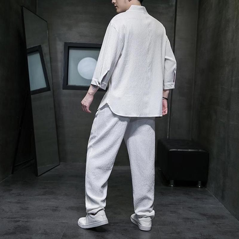 Buddha Stones Unifarbener V-Ausschnitt Dreiviertelarm Shirt Freizeit Hose Bekleidung Herren Set - image 2