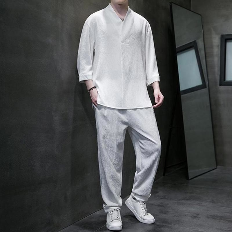 Buddha Stones Unifarbener V-Ausschnitt Dreiviertelarm Shirt Freizeit Hose Bekleidung Herren Set - image 5