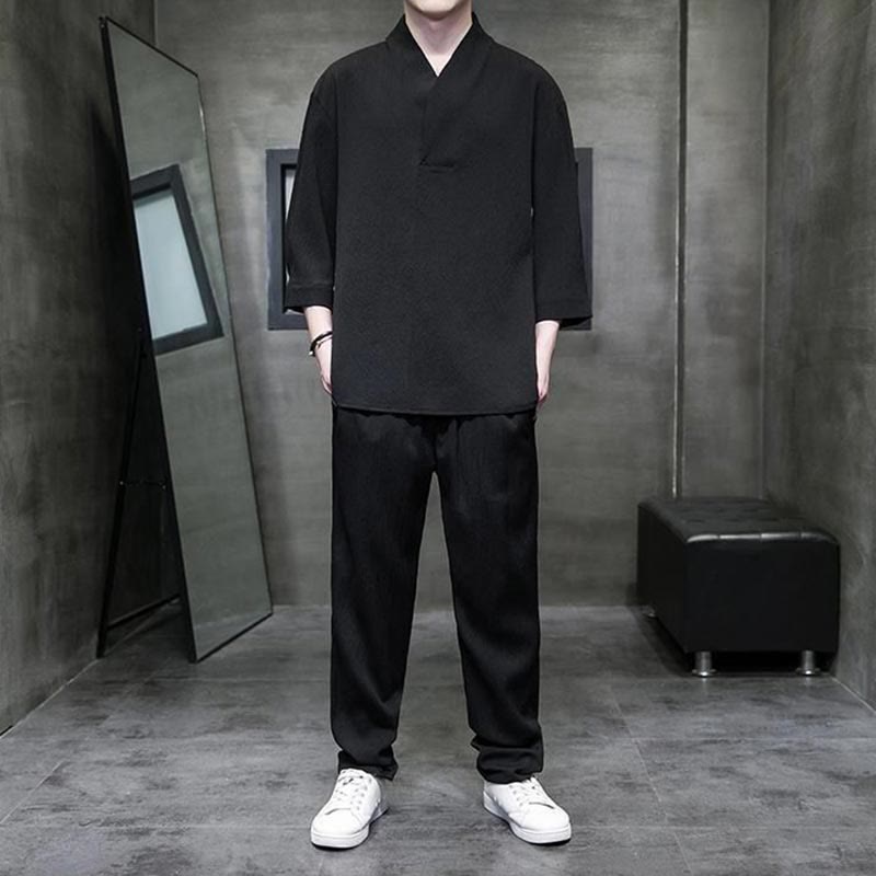 Buddha Stones Unifarbener V-Ausschnitt Dreiviertelarm Shirt Freizeit Hose Bekleidung Herren Set - Schwarz - US/UK/AU44, EU54 (4XL) - image 7