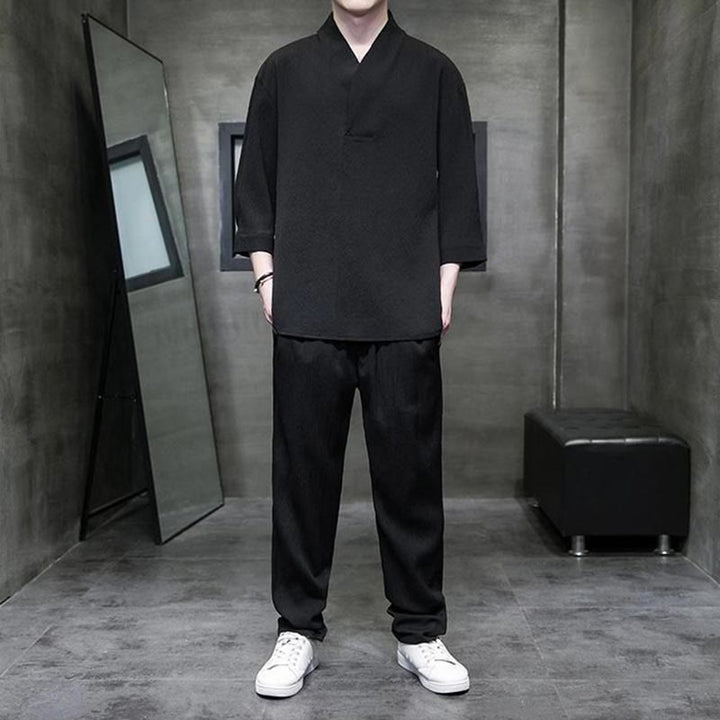 Buddha Stones Unifarbener V-Ausschnitt Dreiviertelarm Shirt Freizeit Hose Bekleidung Herren Set - Schwarz - US/UK/AU44, EU54 (4XL) - image 7