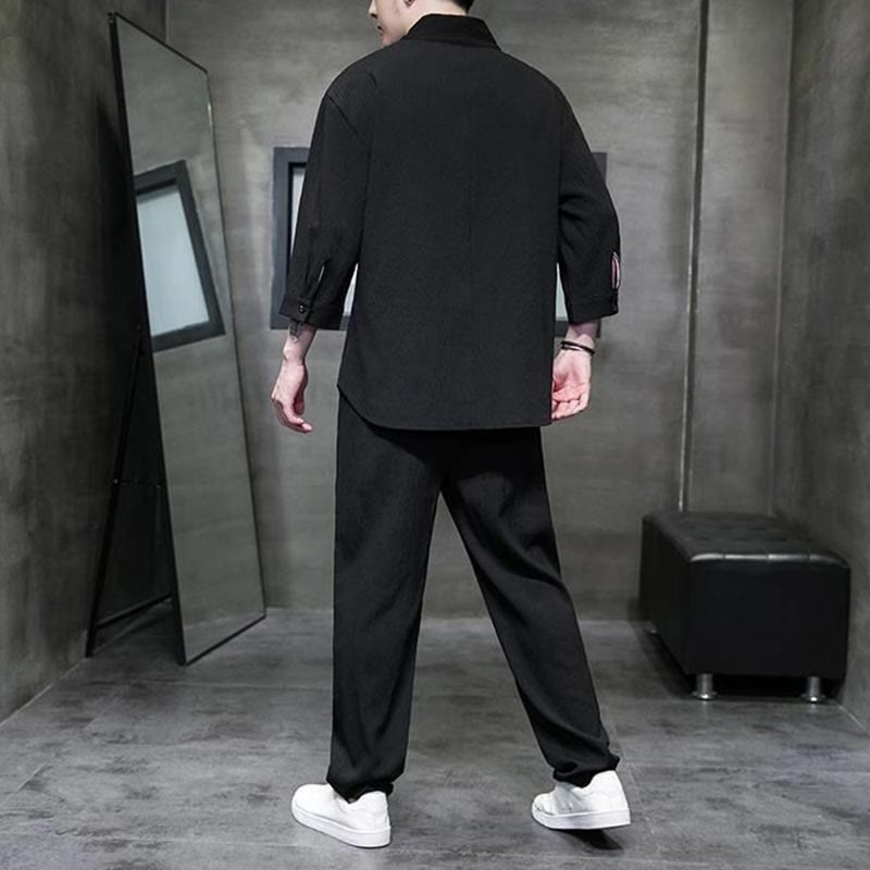 Buddha Stones Unifarbener V-Ausschnitt Dreiviertelarm Shirt Freizeit Hose Bekleidung Herren Set - image 9