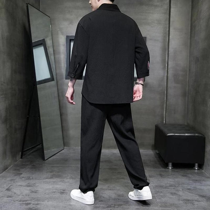 Buddha Stones Unifarbener V-Ausschnitt Dreiviertelarm Shirt Freizeit Hose Bekleidung Herren Set - image 9