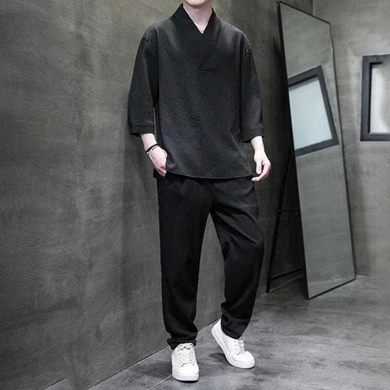 Buddha Stones Unifarbener V-Ausschnitt Dreiviertelarm Shirt Freizeit Hose Bekleidung Herren Set - image 17