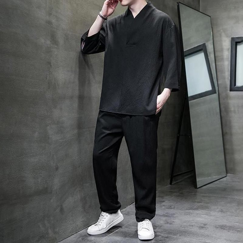 Buddha Stones Unifarbener V-Ausschnitt Dreiviertelarm Shirt Freizeit Hose Bekleidung Herren Set - image 16