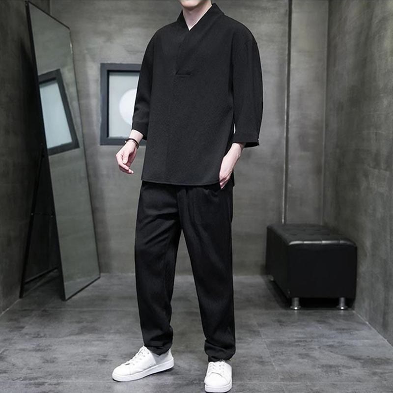 Buddha Stones Unifarbener V-Ausschnitt Dreiviertelarm Shirt Freizeit Hose Bekleidung Herren Set - image 8