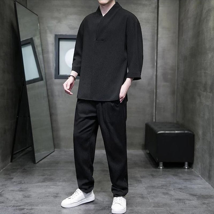 Buddha Stones Unifarbener V-Ausschnitt Dreiviertelarm Shirt Freizeit Hose Bekleidung Herren Set - image 8