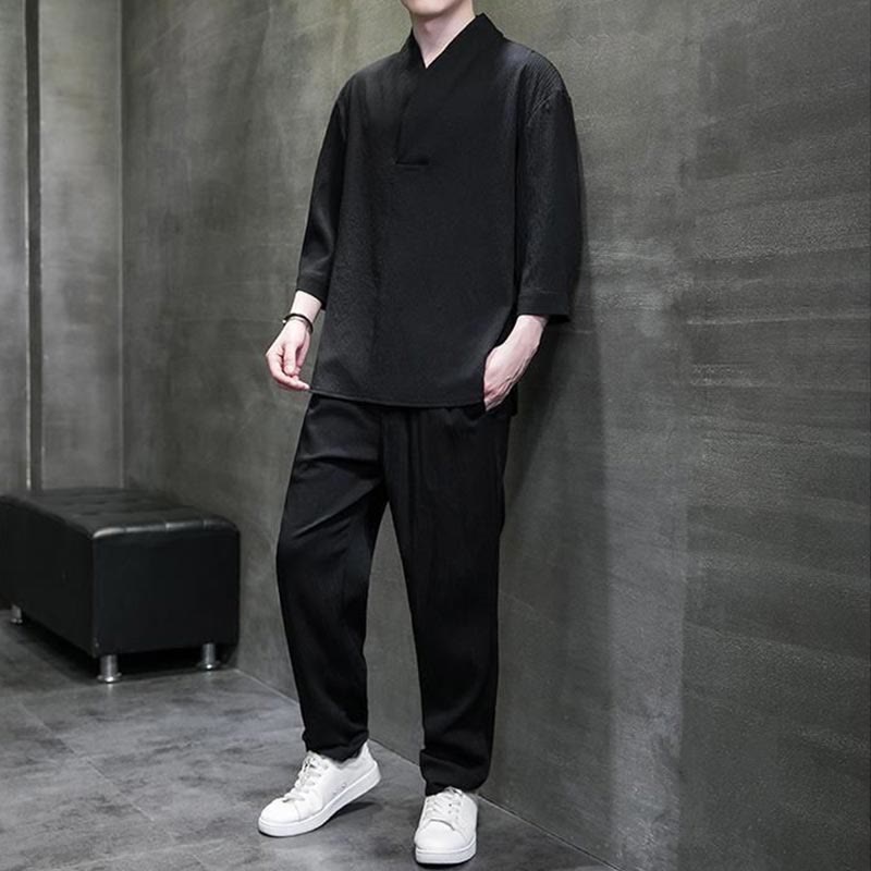 Buddha Stones Unifarbener V-Ausschnitt Dreiviertelarm Shirt Freizeit Hose Bekleidung Herren Set - image 10