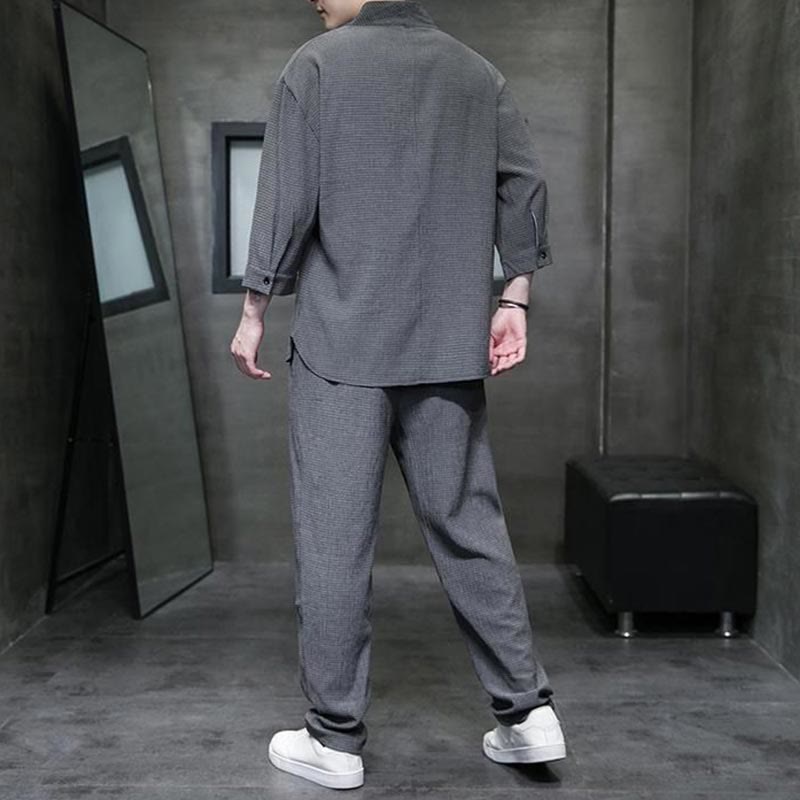 Buddha Stones Unifarbener V-Ausschnitt Dreiviertelarm Shirt Freizeit Hose Bekleidung Herren Set - image 19