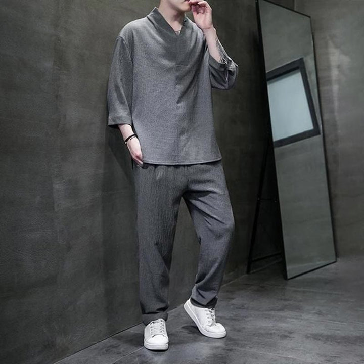 Buddha Stones Unifarbener V-Ausschnitt Dreiviertelarm Shirt Freizeit Hose Bekleidung Herren Set - image 20