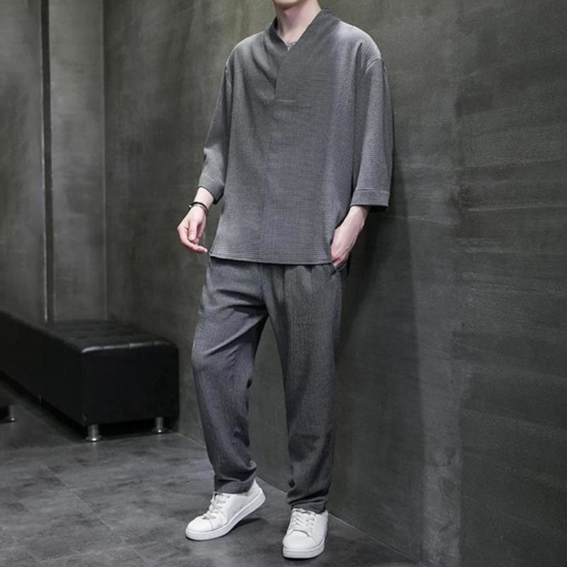 Buddha Stones Unifarbener V-Ausschnitt Dreiviertelarm Shirt Freizeit Hose Bekleidung Herren Set - image 22