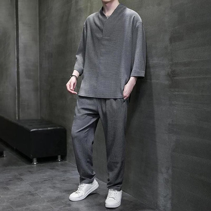 Buddha Stones Unifarbener V-Ausschnitt Dreiviertelarm Shirt Freizeit Hose Bekleidung Herren Set - image 22