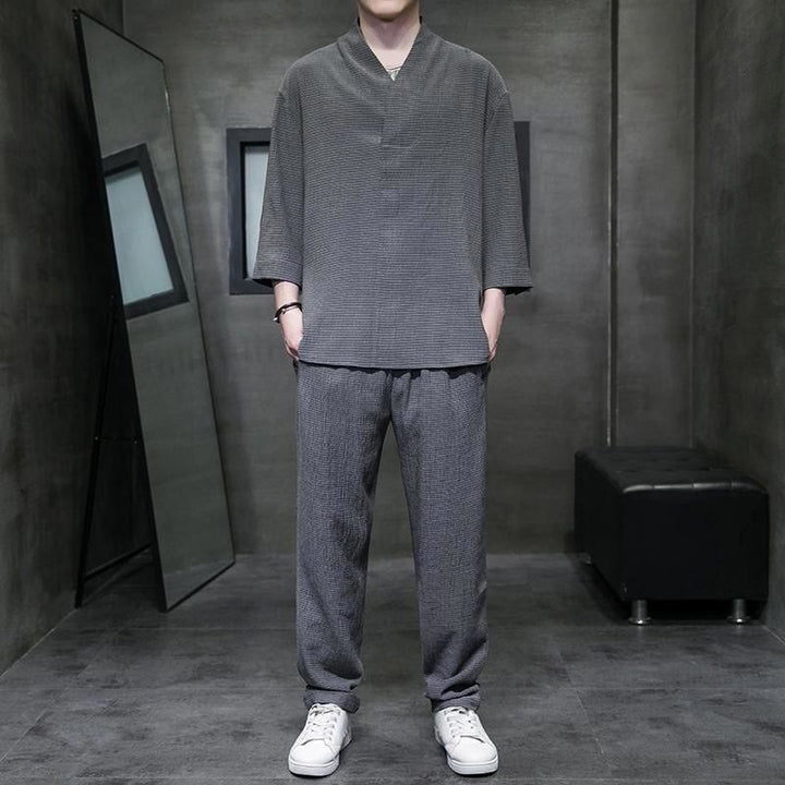 Buddha Stones Unifarbener V-Ausschnitt Dreiviertelarm Shirt Freizeit Hose Bekleidung Herren Set - DimGray - US/UK/AU44, EU54 (4XL) - image 18