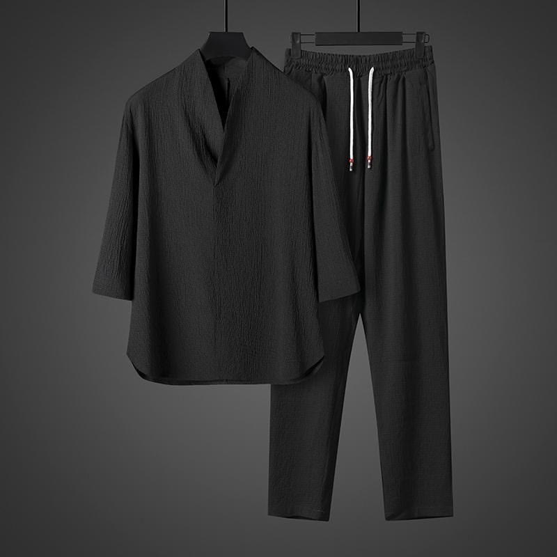 Buddha Stones Unifarbener V-Ausschnitt Dreiviertelarm Shirt Freizeit Hose Bekleidung Herren Set - image 11