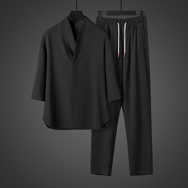 Buddha Stones Unifarbener V-Ausschnitt Dreiviertelarm Shirt Freizeit Hose Bekleidung Herren Set - image 11