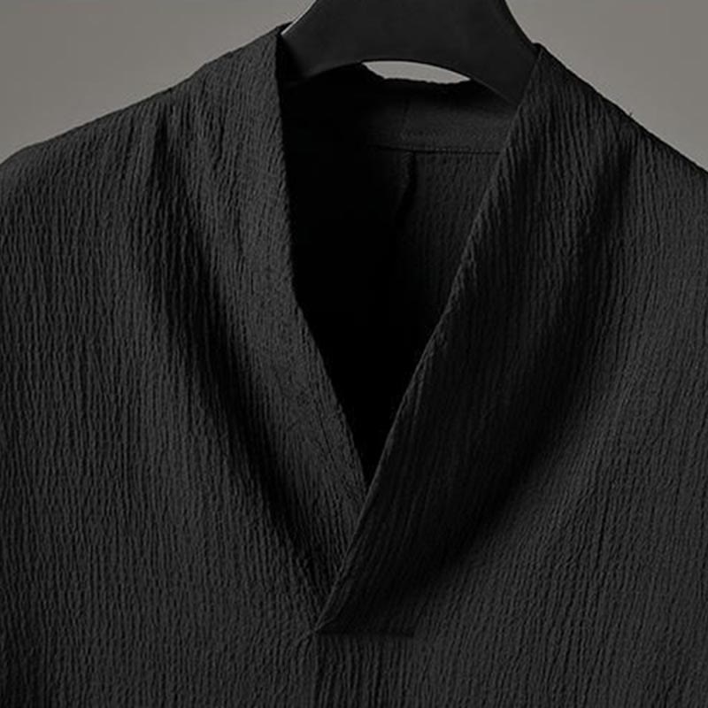 Buddha Stones Unifarbener V-Ausschnitt Dreiviertelarm Shirt Freizeit Hose Bekleidung Herren Set - image 12