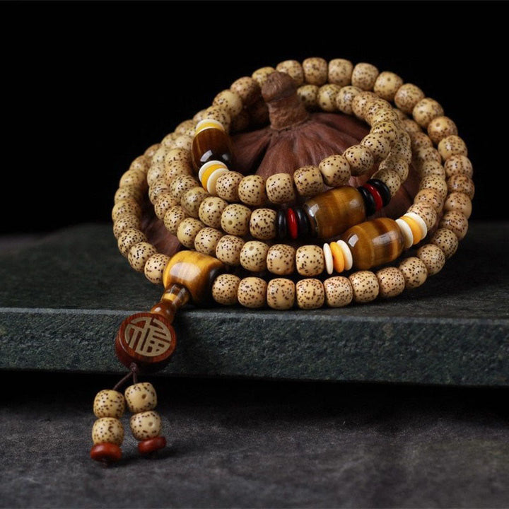 Buddha Stones 108 Mala Perlen Bodhisamen Tigerauge Fu Zeichen Friedensarmband