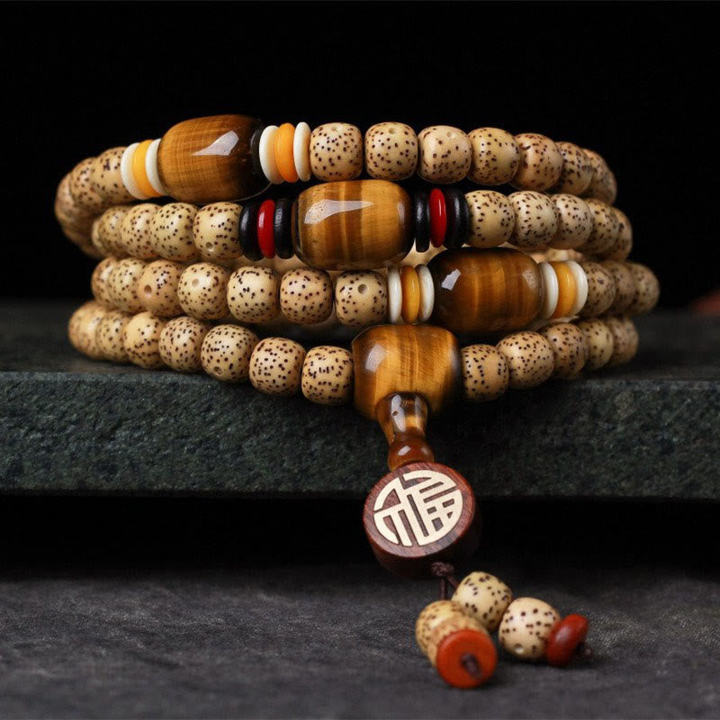 Buddha Stones 108 Mala Perlen Bodhisamen Tigerauge Fu Zeichen Friedensarmband